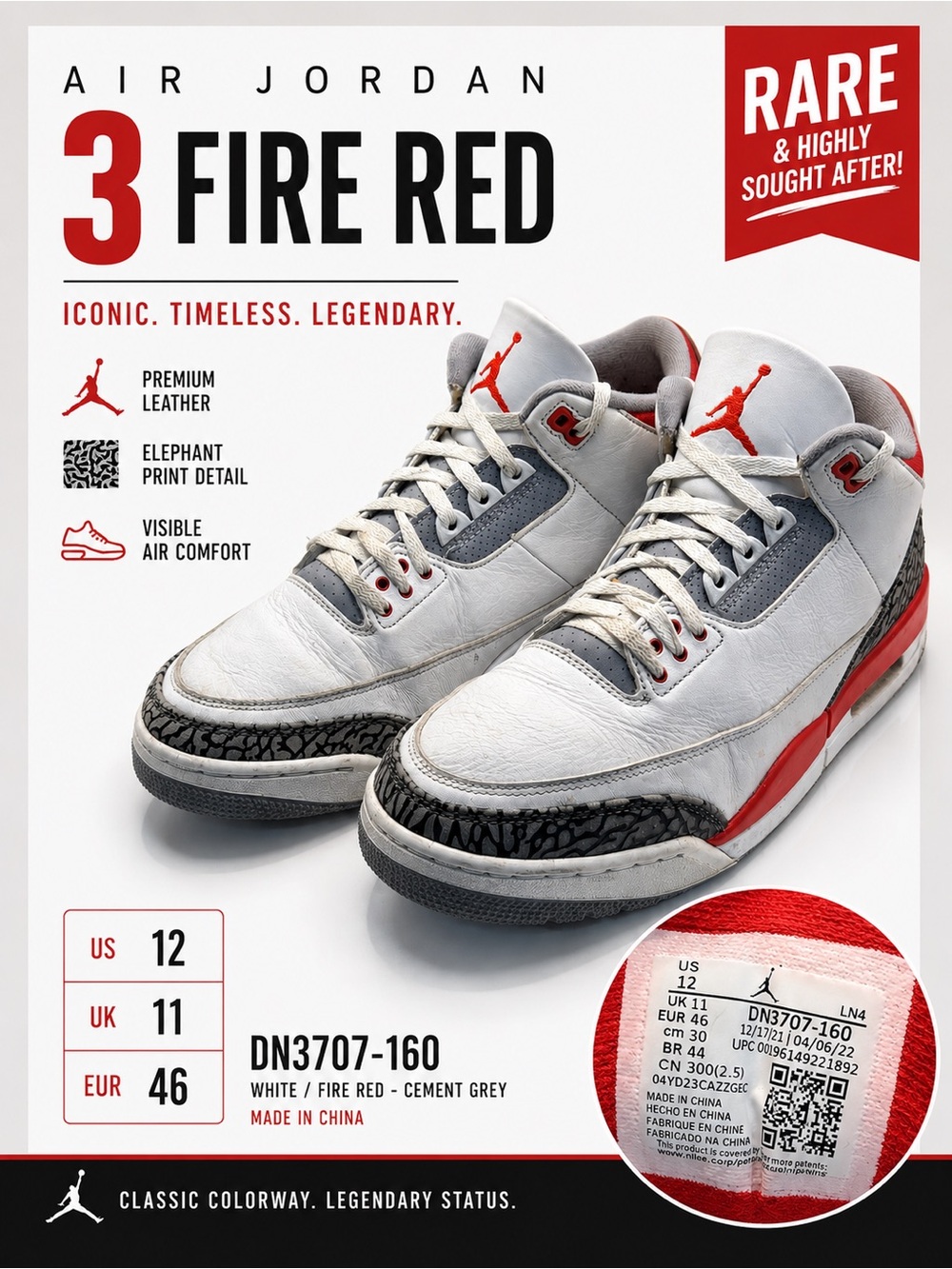Nike Air Jordan 3 Retro Fire Red 2022 Men’s Size 12 White Cement DN3707-160